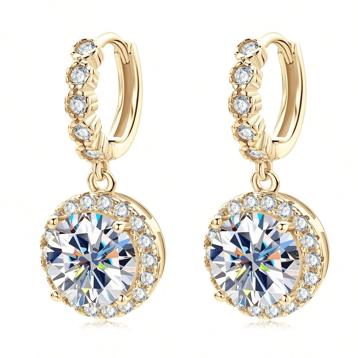 Round Moissanite Drop Earrings with Halo Setting and Leverback Closure — main image