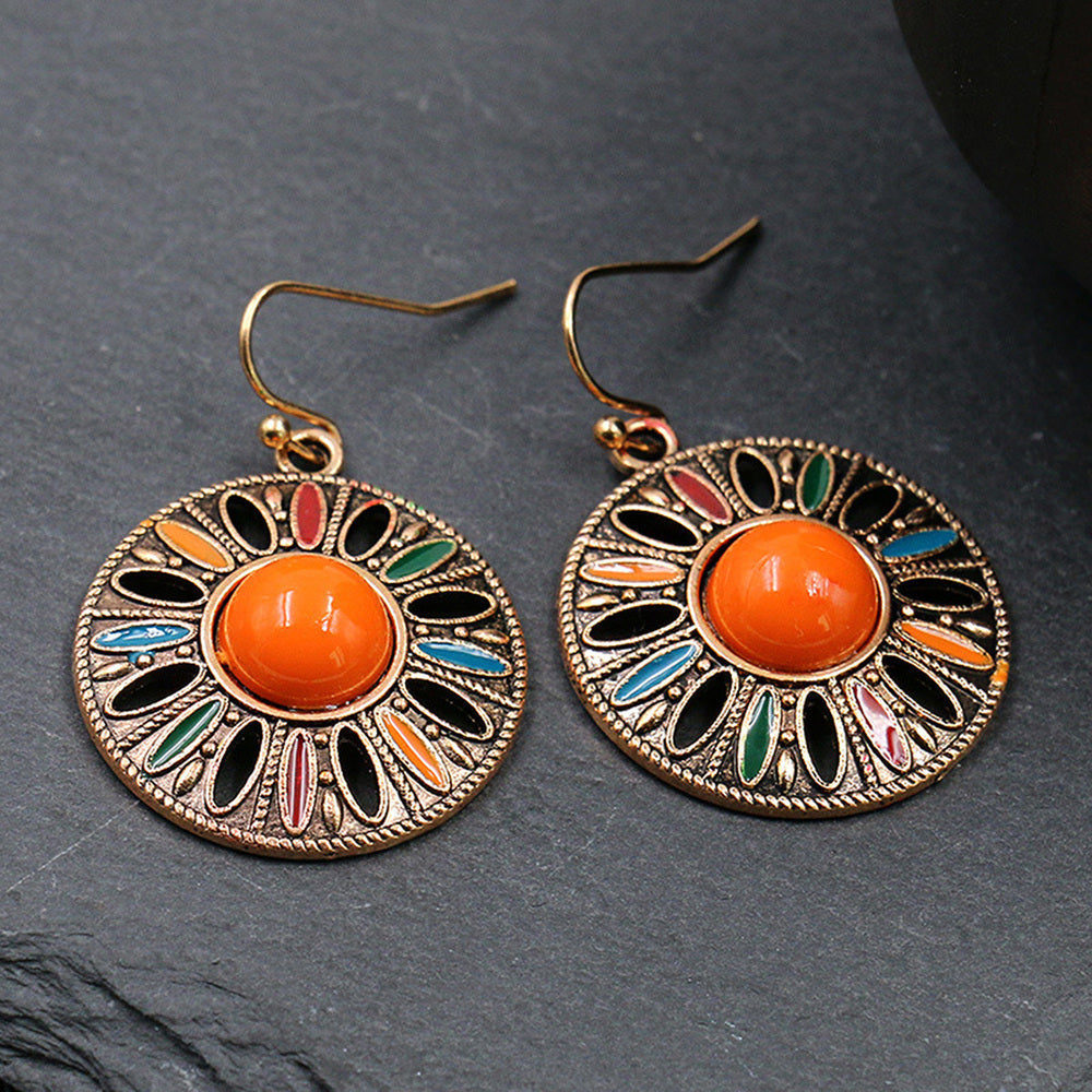 Mandala Circle Drop Earrings with Glass Cabochon Stone Inlay