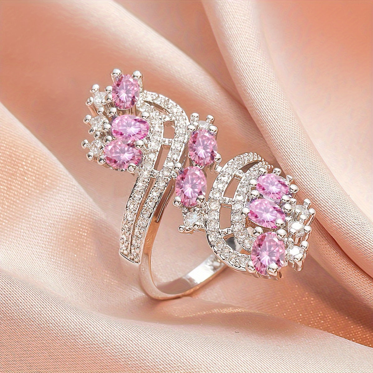 Pink Cubic Zirconia Cocktail Ring with Geometric Openwork Band — main image