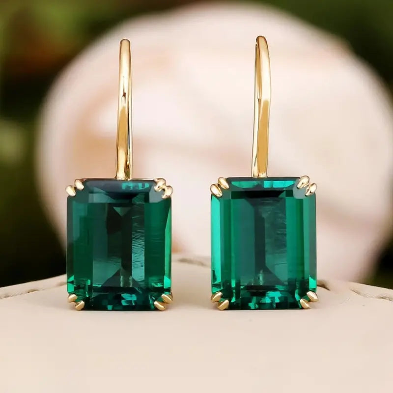 Emerald-Cut Green Stone Drop Earrings with Gold-Tone Prong Setting
