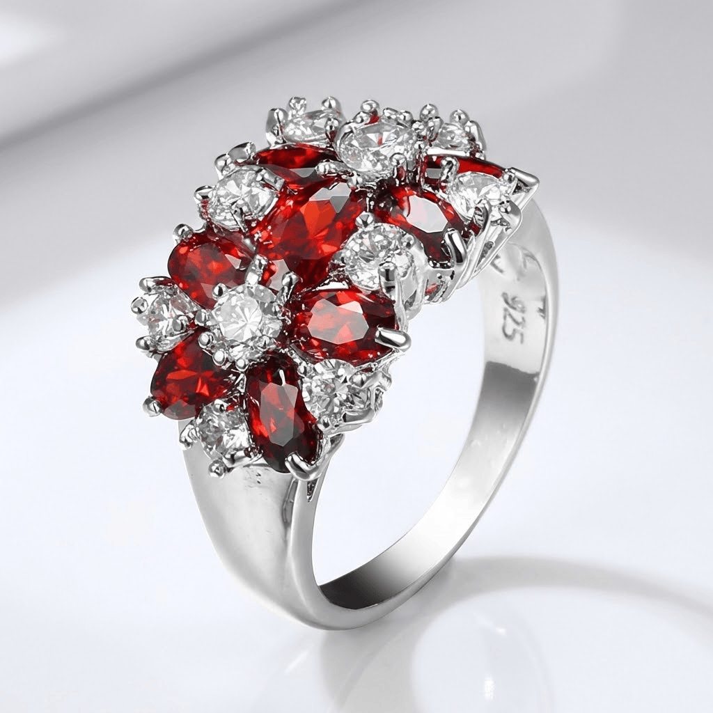 Garnet Flower Cluster Ring with Clear Accent Stones in Sterling Silver