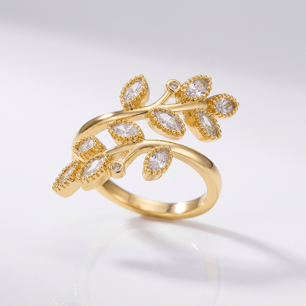 Leaf Branch Wrap Ring with Multicolor Faceted Stones and Beaded Detail