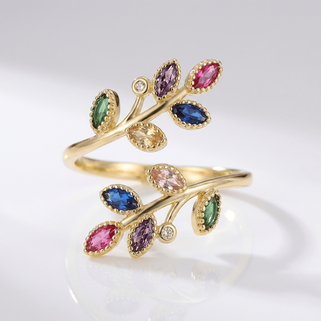Leaf Branch Wrap Ring with Multicolor Faceted Stones and Beaded Detail
