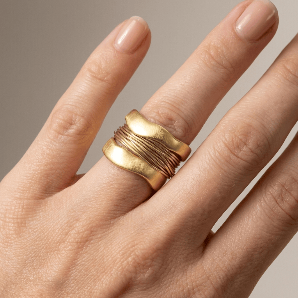 Wavy Wire-Wrap Ring with Wide Textured Band, Silver and Gold Tone