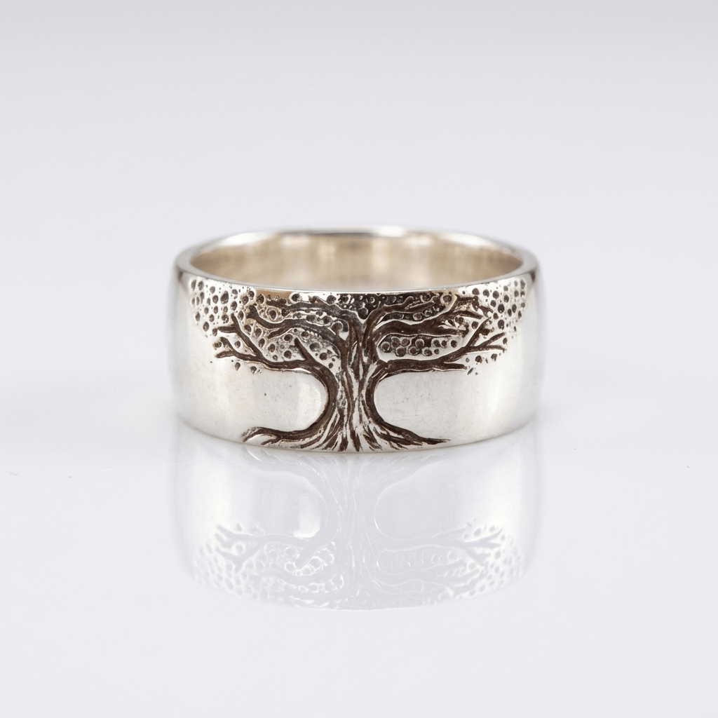 Tree of Life Statement Ring with Carved Wide Band