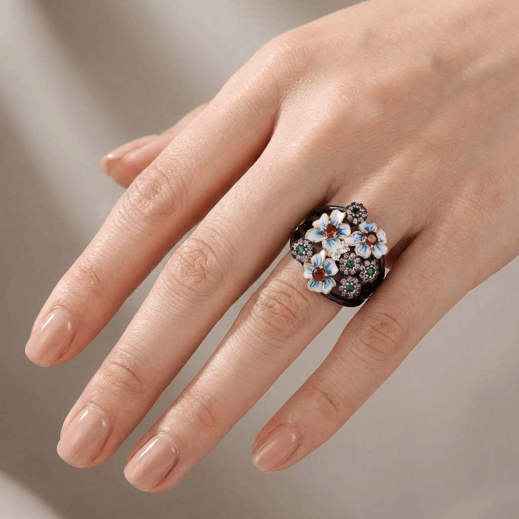 Floral Enamel Cocktail Ring with Red and Purple Stones in Black and Gold Tone