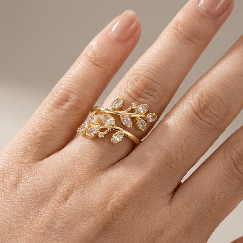 Leaf Branch Wrap Ring with Multicolor Faceted Stones and Beaded Detail