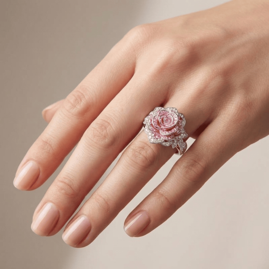 Rose Flower Zircon Statement Ring with Silver-Tone Finish