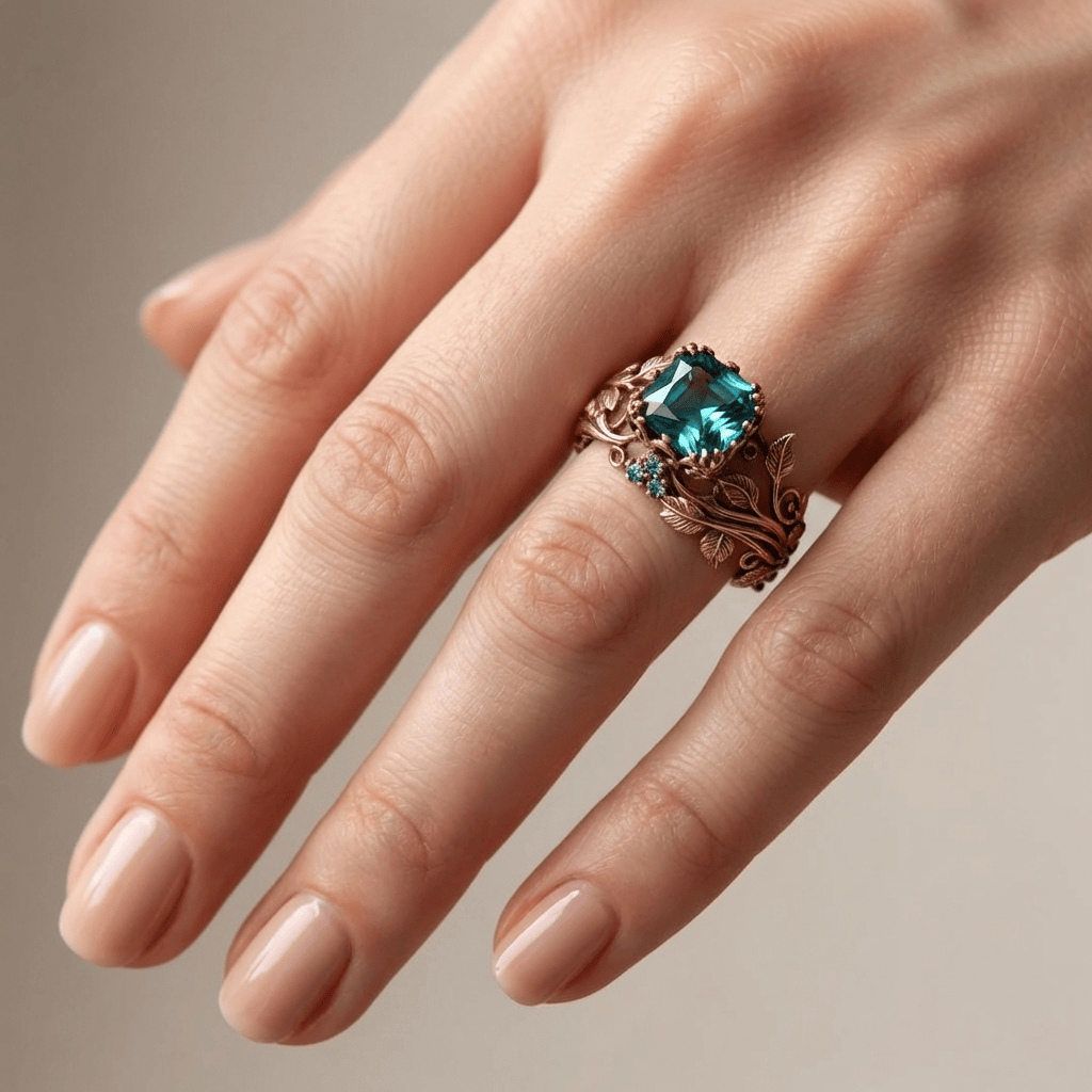 Botanical Teal Cushion-Cut Stone Ring with Rose Gold Leaf Detail