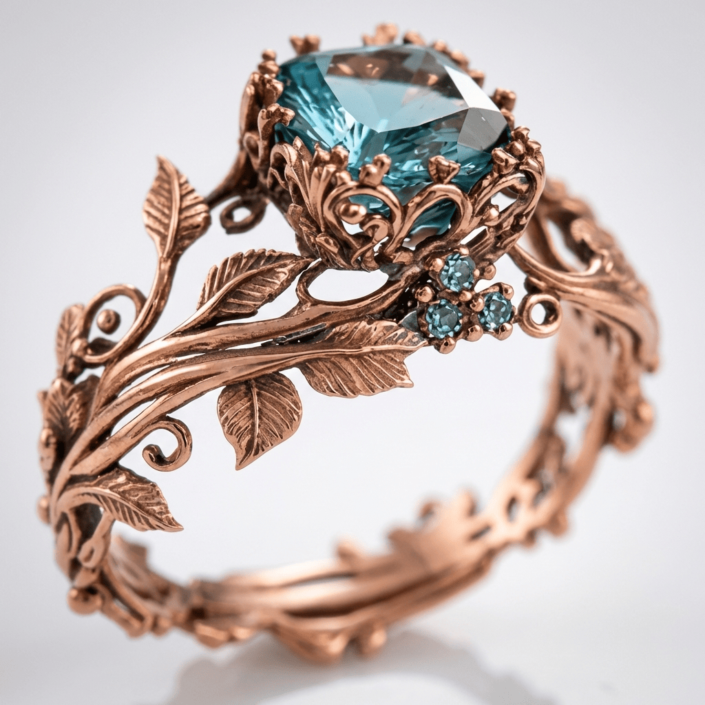 Botanical Teal Cushion-Cut Stone Ring with Rose Gold Leaf Detail
