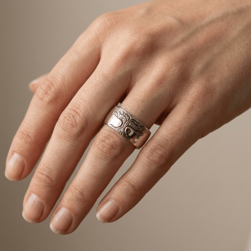 Tree of Life Statement Ring with Carved Wide Band