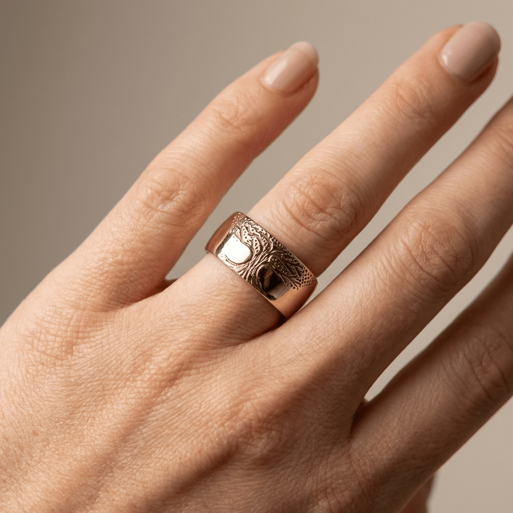 Tree of Life Statement Ring with Carved Wide Band