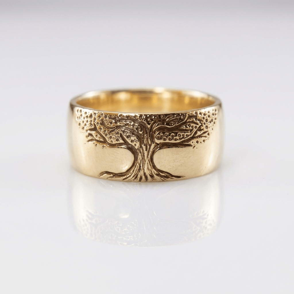 Tree of Life Statement Ring with Carved Wide Band