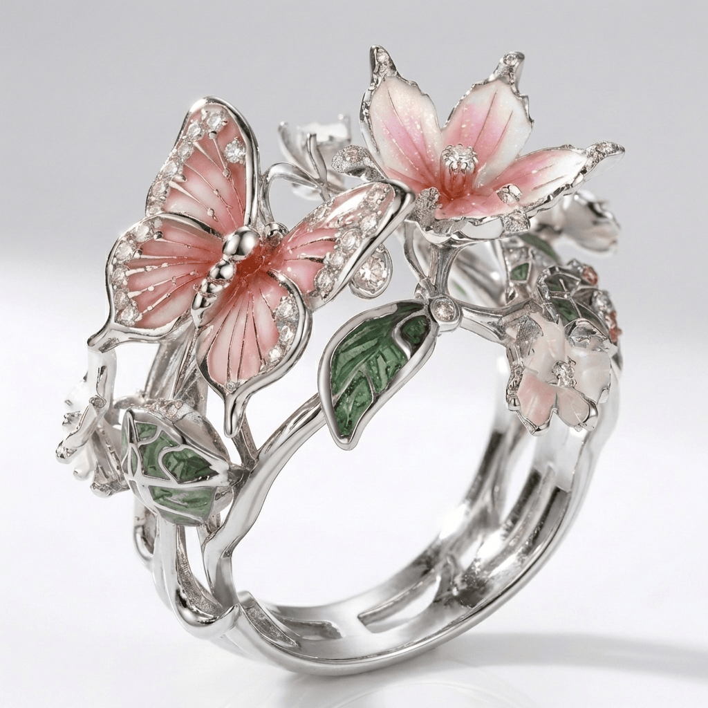 Butterfly Floral Ring with Crystal Accents, Adjustable