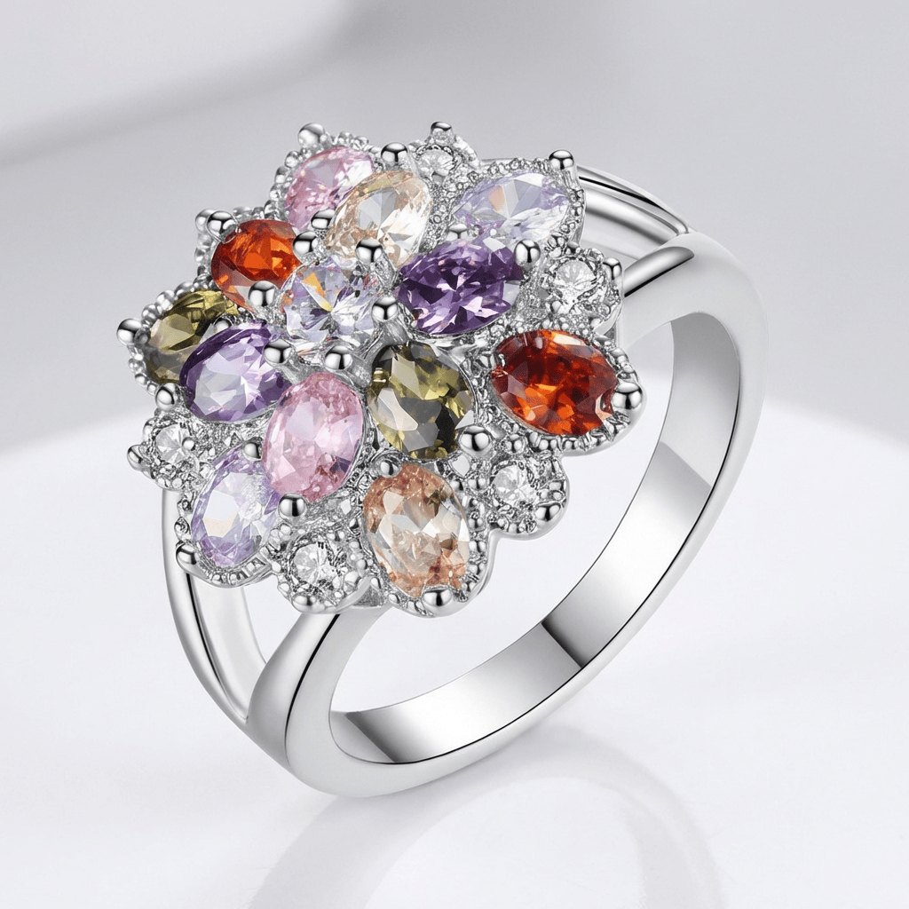 Rainbow Gemstone Cluster Cocktail Ring, Silver-Tone Split Band