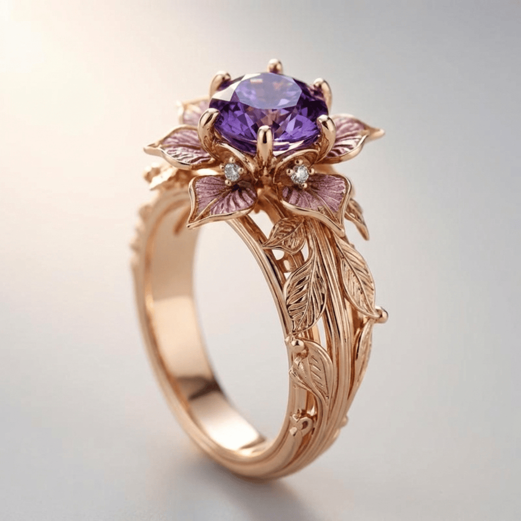 Vintage Flower Cluster Purple Stone Ring with Engraved Leaf Band
