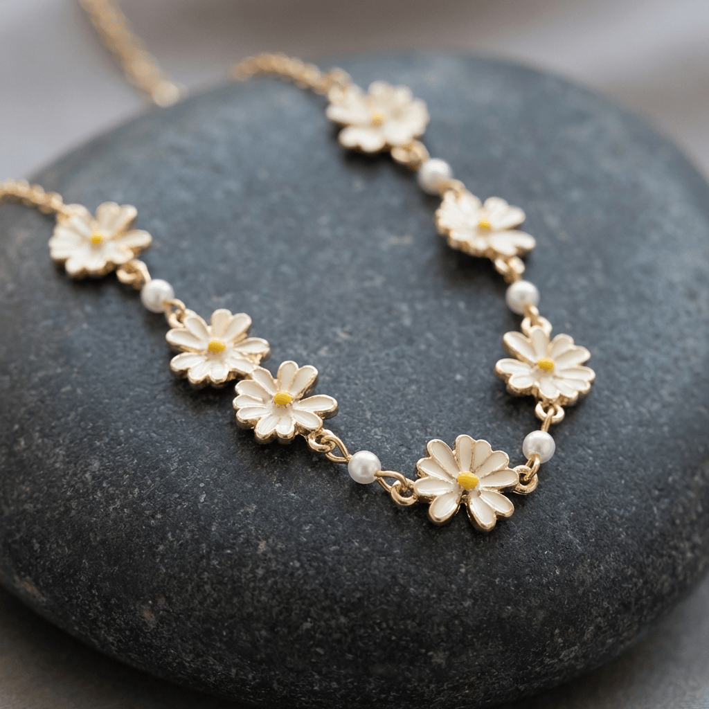Daisy Flower Necklace with Pearl Bead Accents, Gold Tone
