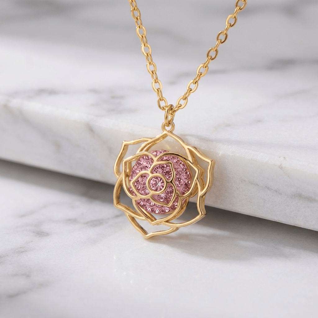 Rose Flower Pendant Necklace with Crystal Accents, Gold-Tone Chain