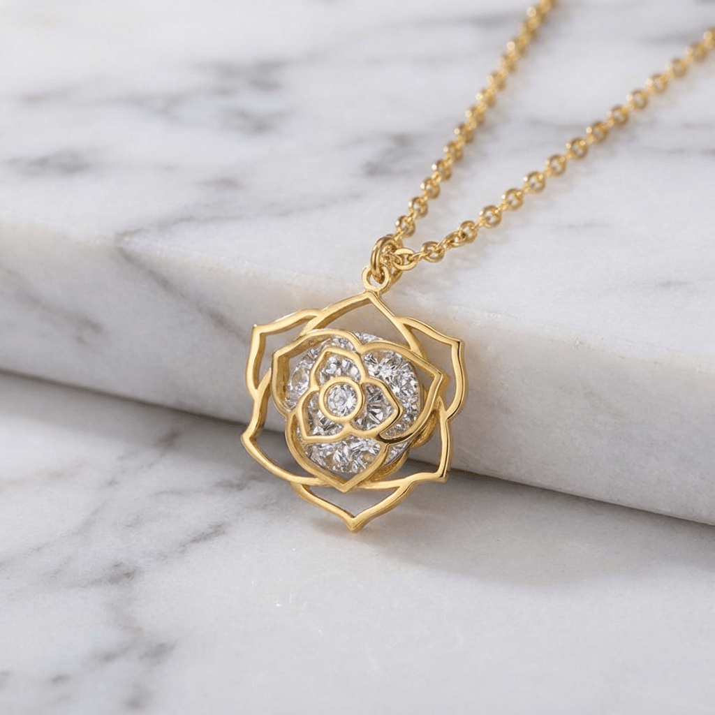 Rose Flower Pendant Necklace with Crystal Accents, Gold-Tone Chain