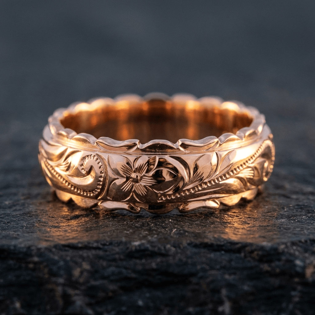 Vintage Floral Engraved Band Ring with Beaded Scroll Detail