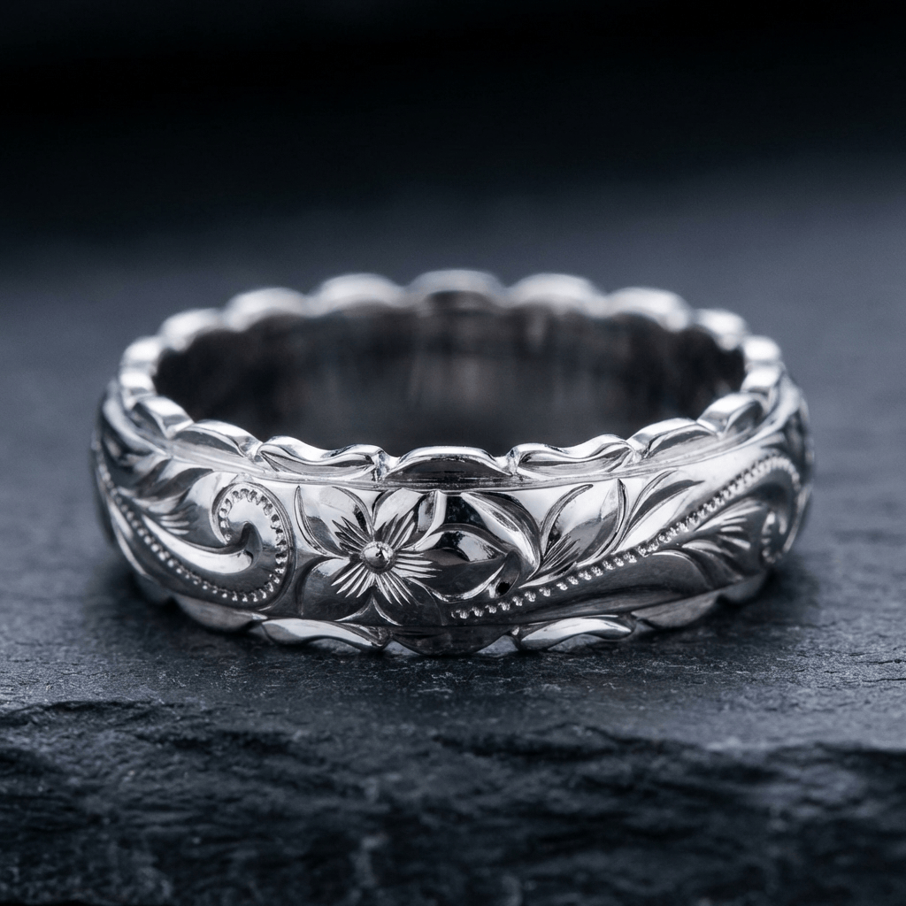 Vintage Floral Engraved Band Ring with Beaded Scroll Detail