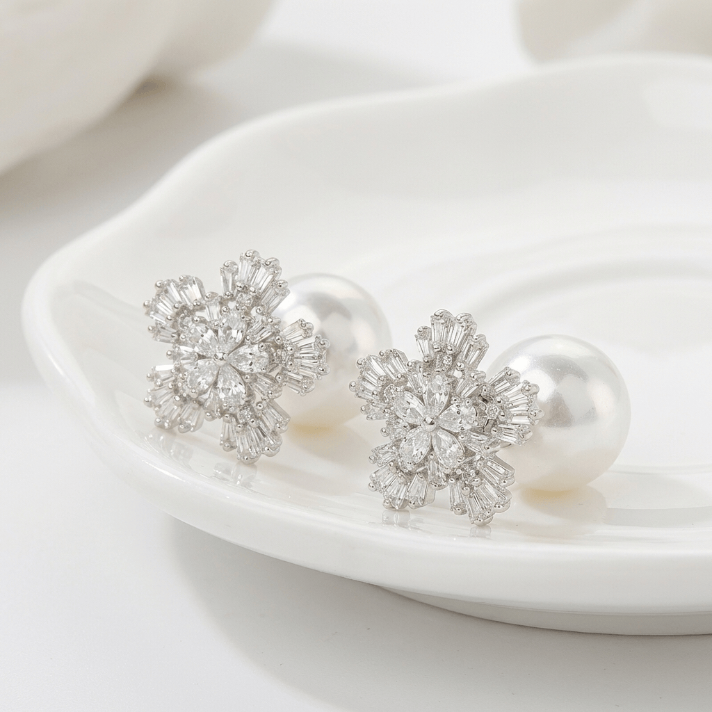 Flower Cluster Cubic Zirconia Stud Earrings with Pearl Drop