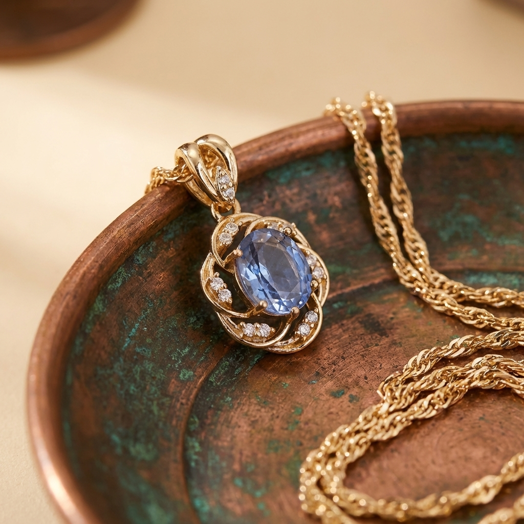 Sapphire Blue Floral Pendant Necklace with Twisted Gold-Tone Chain
