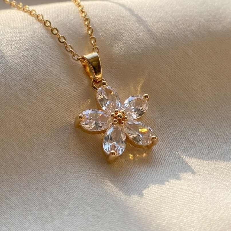 Four-Petal Flower Cubic Zirconia Pendant Necklace with Gold-Tone Chain