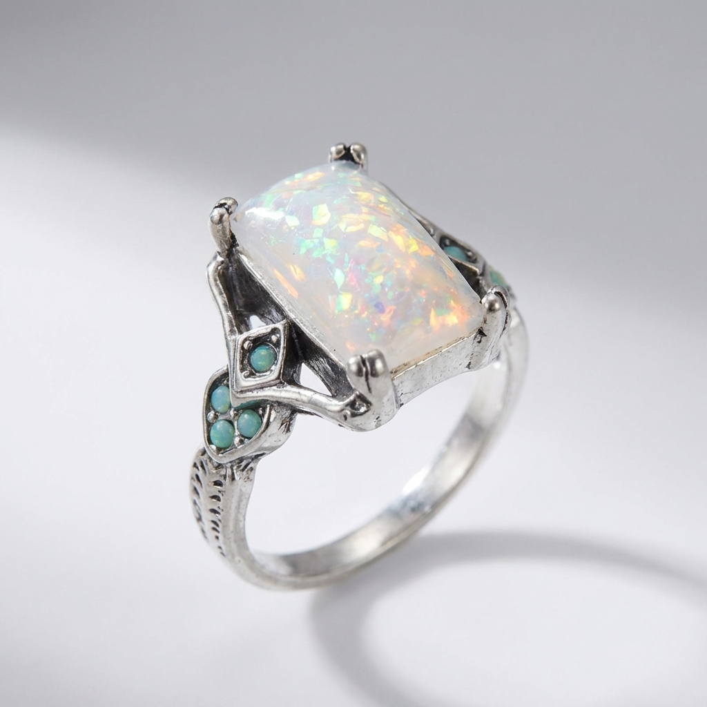 Rectangular Opal Ring with Turquoise Accents and Antique Silver Finish