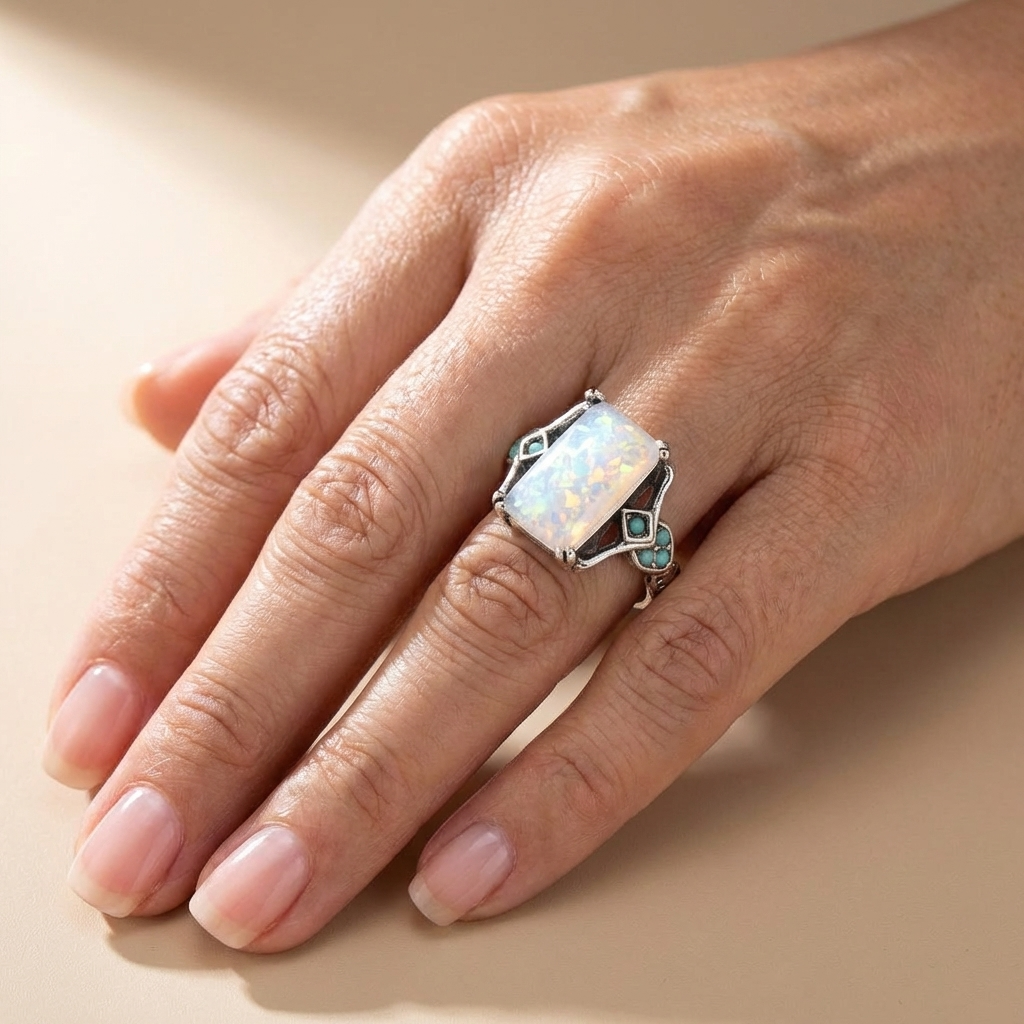 Rectangular Opal Ring with Turquoise Accents and Antique Silver Finish