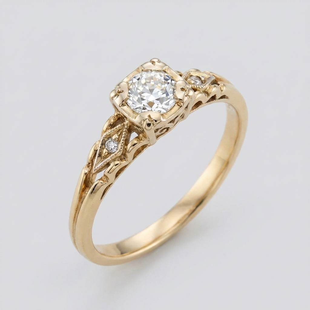 Round Cubic Zirconia Ring with Vintage Filigree Band in Gold Tone