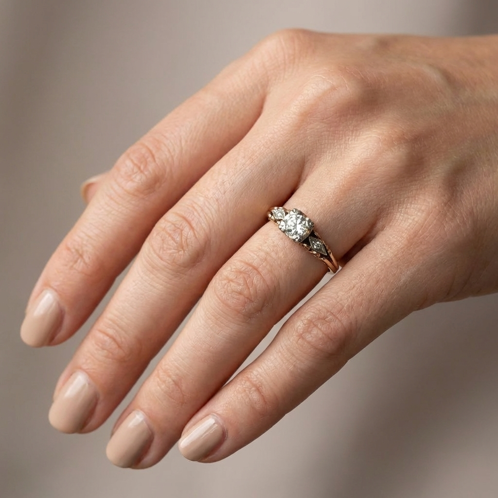 Round Cubic Zirconia Ring with Vintage Filigree Band in Gold Tone