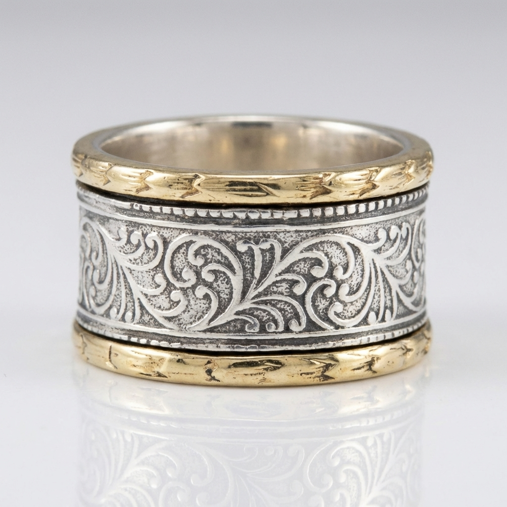 Ornate Filigree Wide Band Ring in Silver and Gold Tone