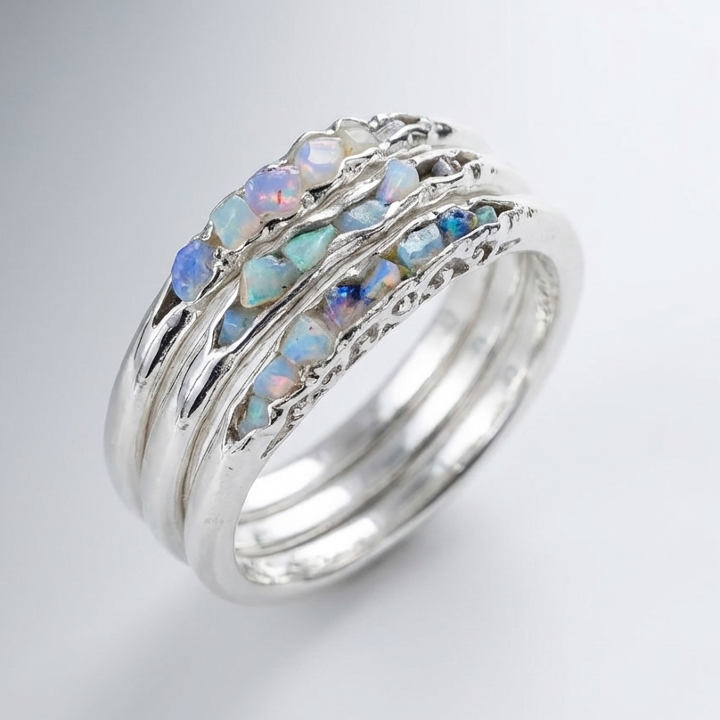 Raw Opal Chip Stacking Ring Set, Silver-Tone Bands, Sizes 5-11