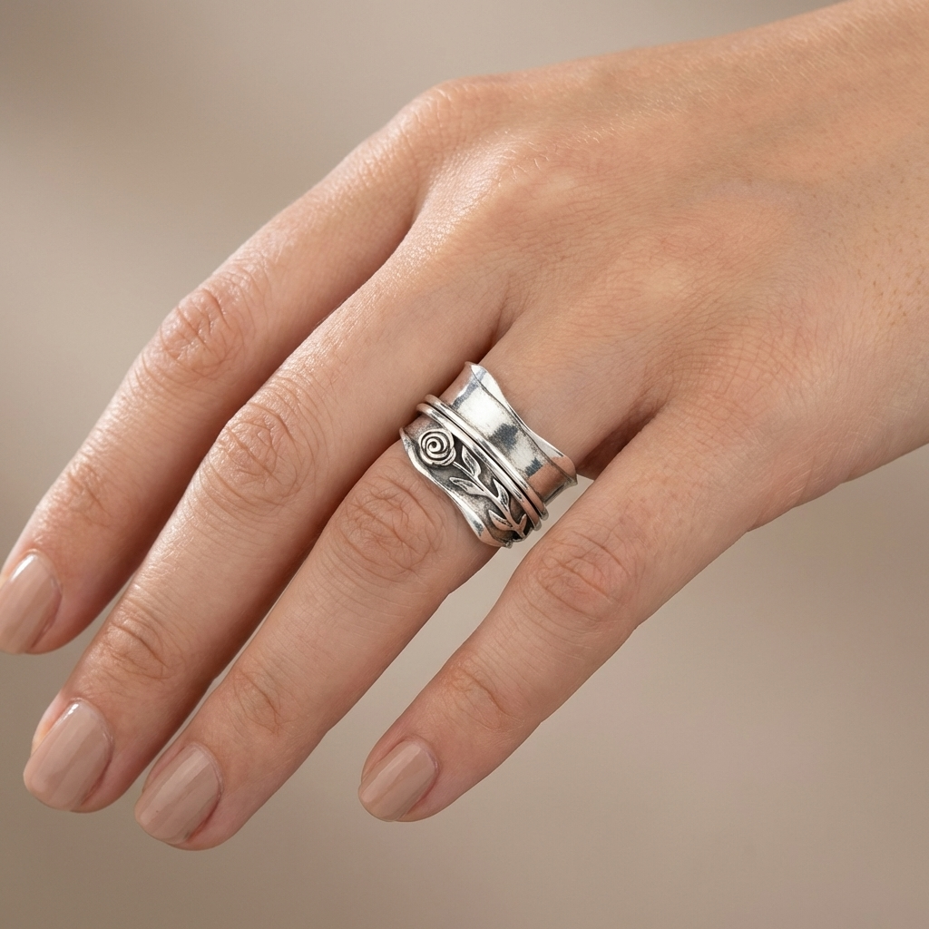 Spiral Rose Ring with Ornamental Vine Detail in Silver Tone