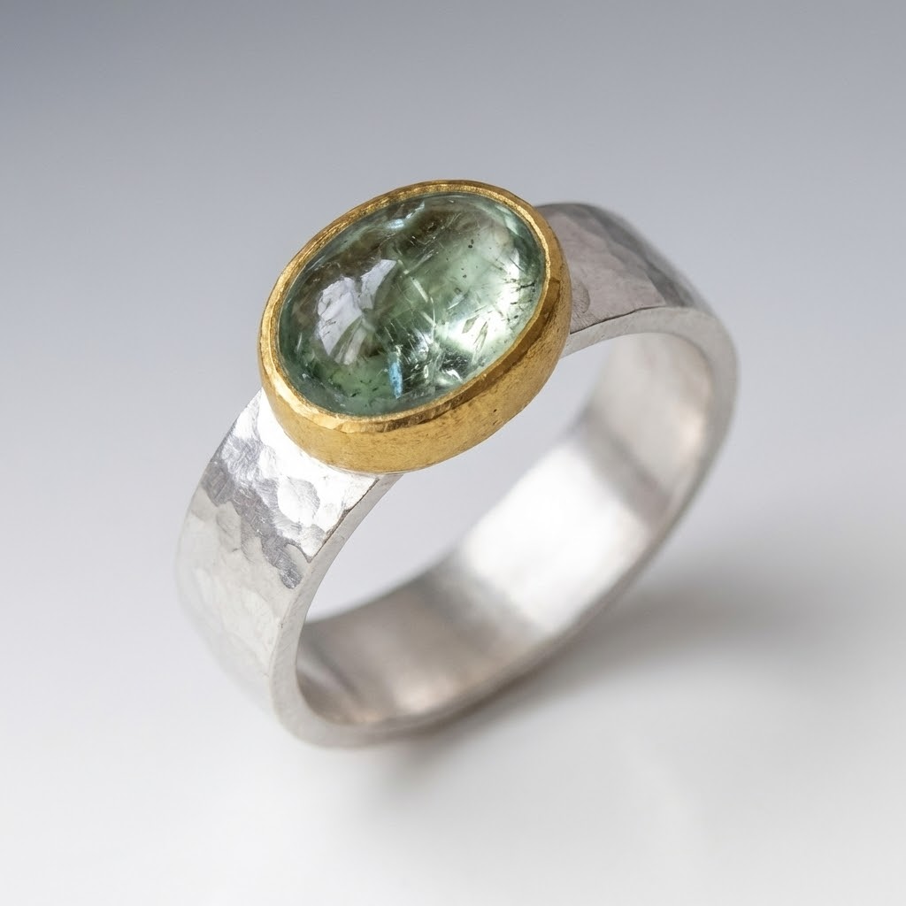 Green Cabochon Ring with Gold-Tone Bezel and Textured Silver Band