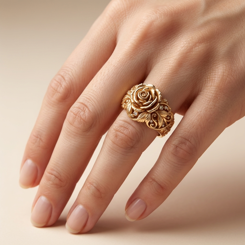 Rose Flower Filigree Statement Ring with Gemstone Accents in Rose Gold Tone