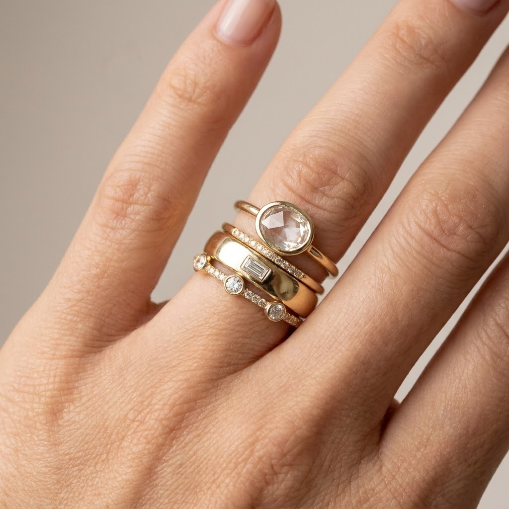 Cubic Zirconia Stackable Ring Set, 4 Pieces, Gold Tone, Mixed Stone Cuts