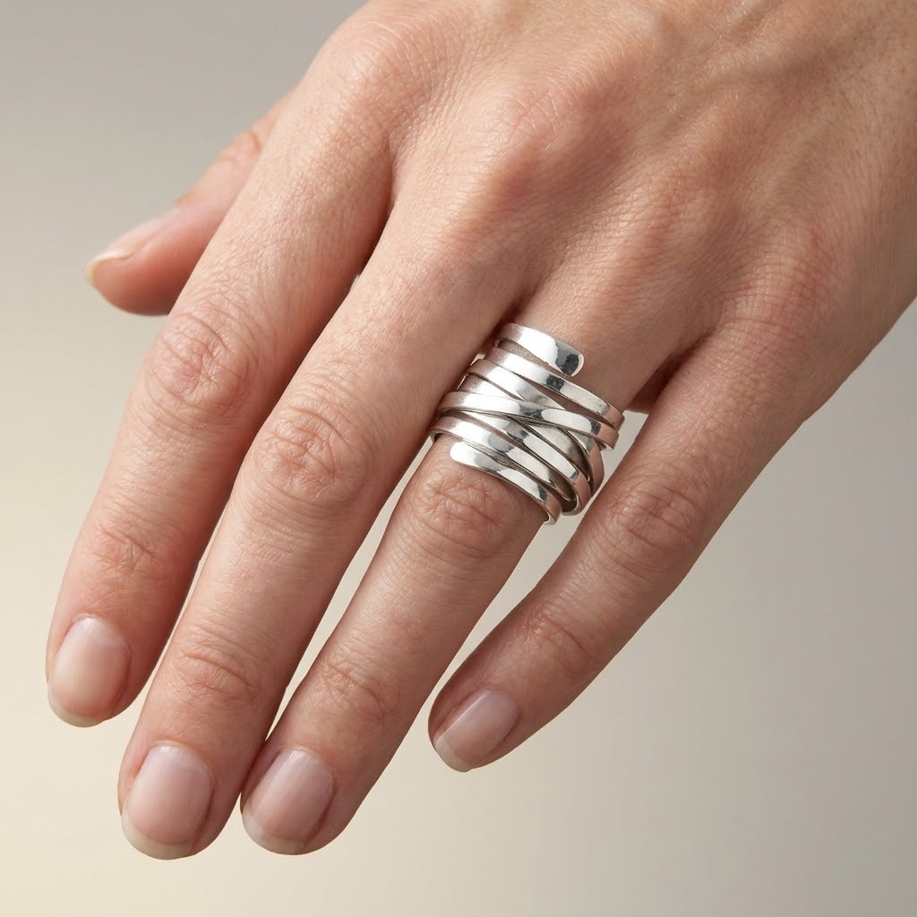 Multi-Band Wrap Ring in Silver Tone with Open Adjustable Fit