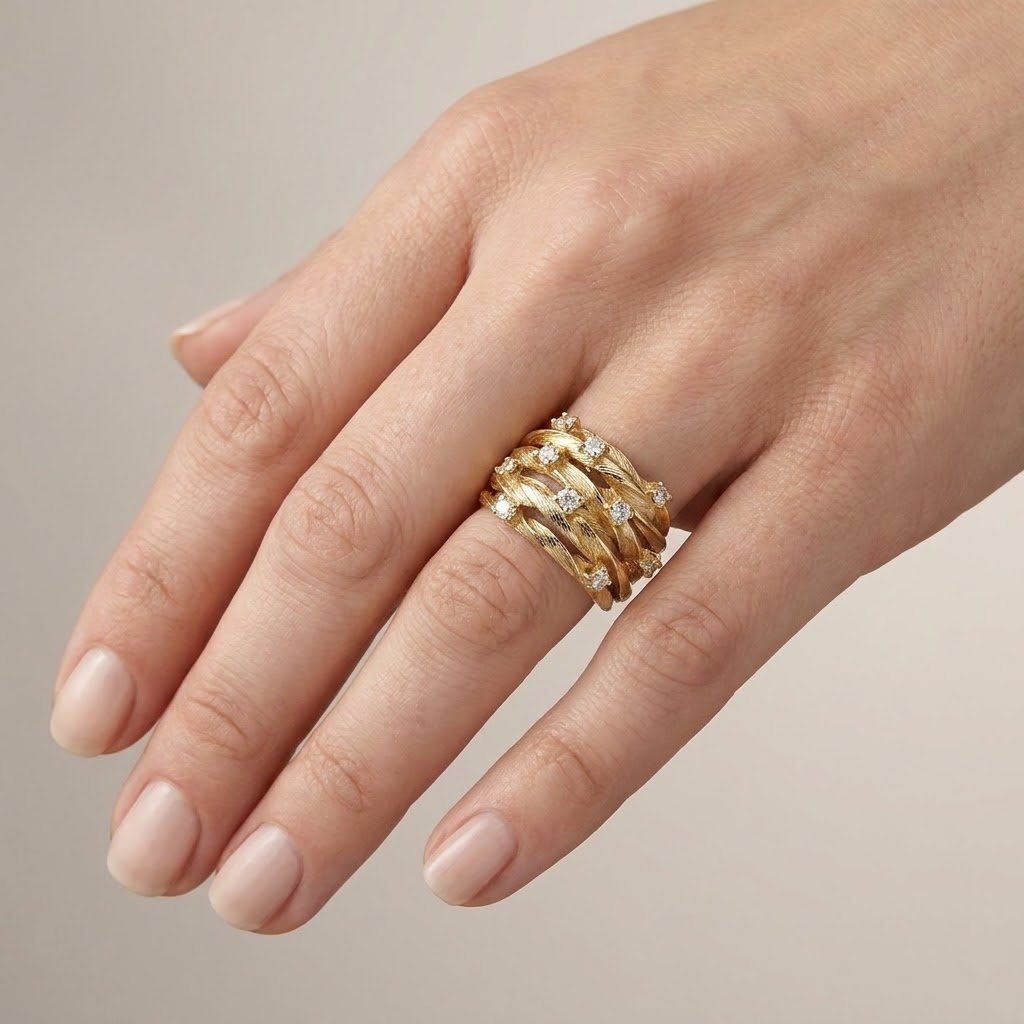 Leaf Motif Cubic Zirconia Cocktail Ring, Wide Gold-Tone Band