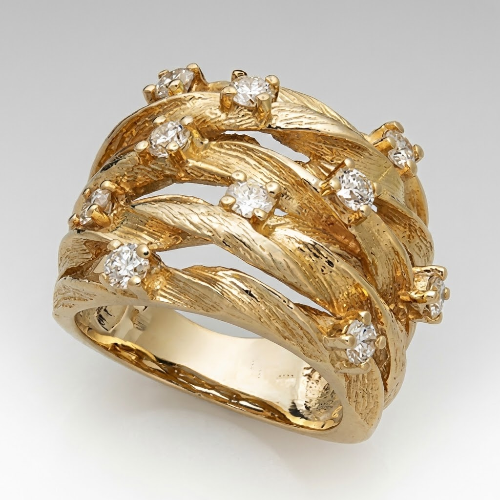 Leaf Motif Cubic Zirconia Cocktail Ring, Wide Gold-Tone Band