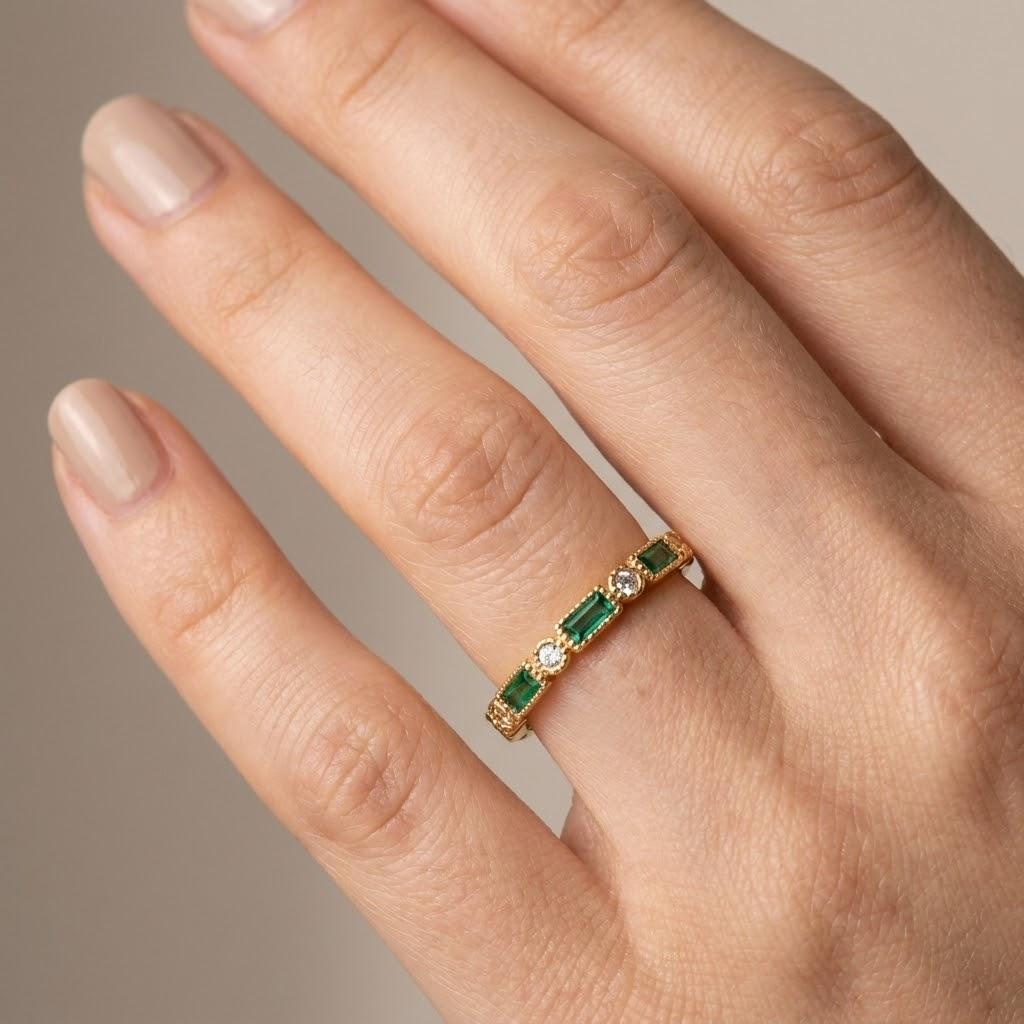 Emerald-Cut Green Stone Ring with Round Accent Stones and Textured Band