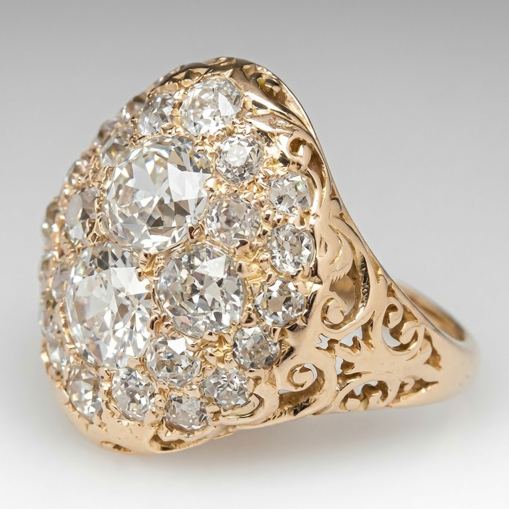 Oval Cluster Cubic Zirconia Ring with Ornate Filigree Band