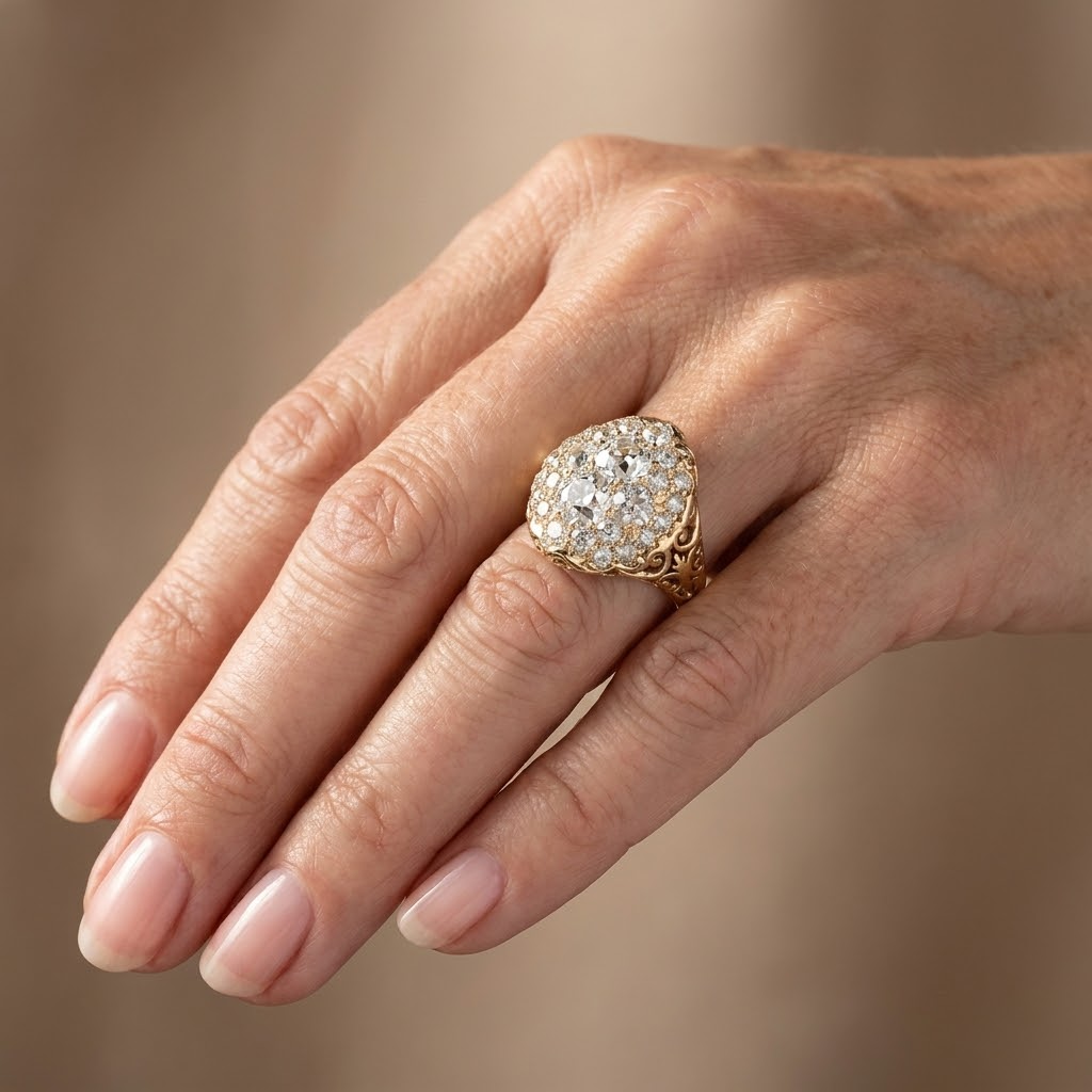 Oval Cluster Cubic Zirconia Ring with Ornate Filigree Band