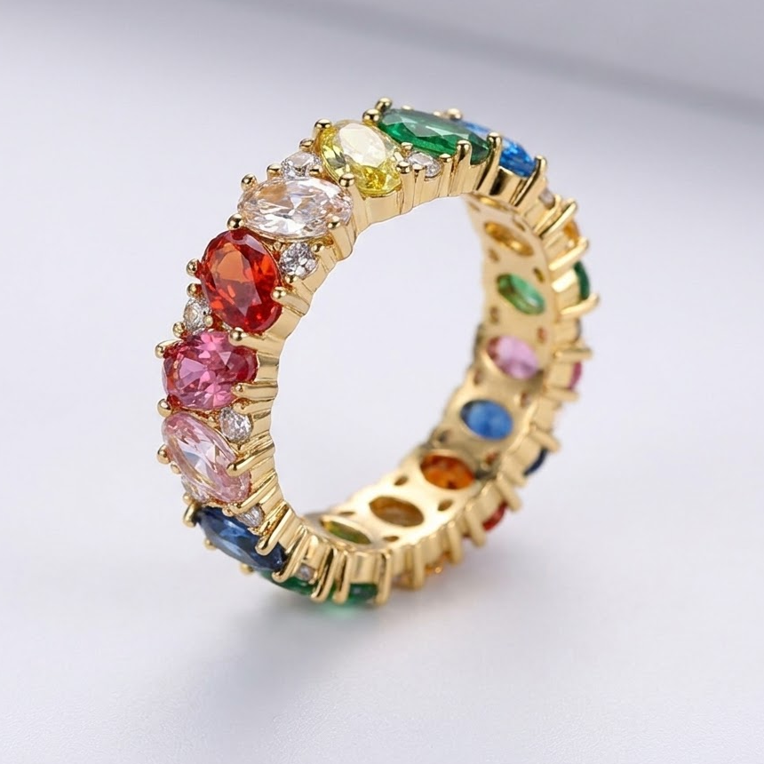 Rainbow Cubic Zirconia Eternity Band Ring in Gold Tone