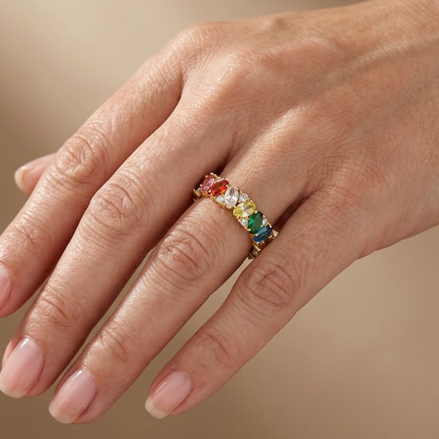 Rainbow Cubic Zirconia Eternity Band Ring in Gold Tone