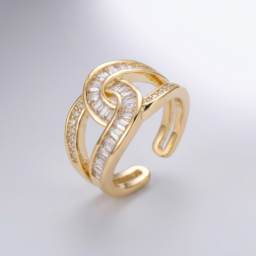 Interlocked Double-C Cubic Zirconia Ring, Gold Tone, Adjustable Band