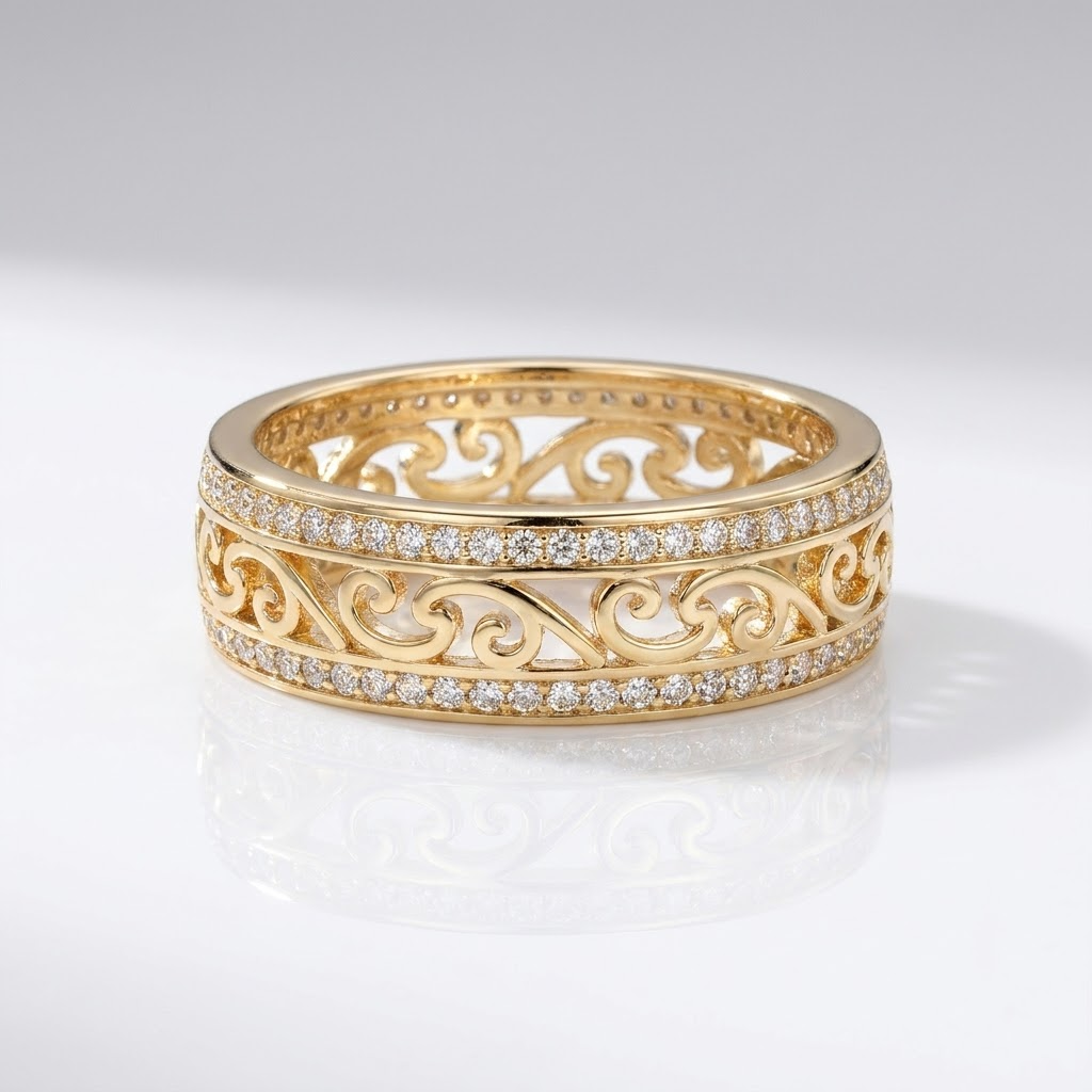 Filigree Scrollwork Cubic Zirconia Ring, Open-Work Gold-Tone Band