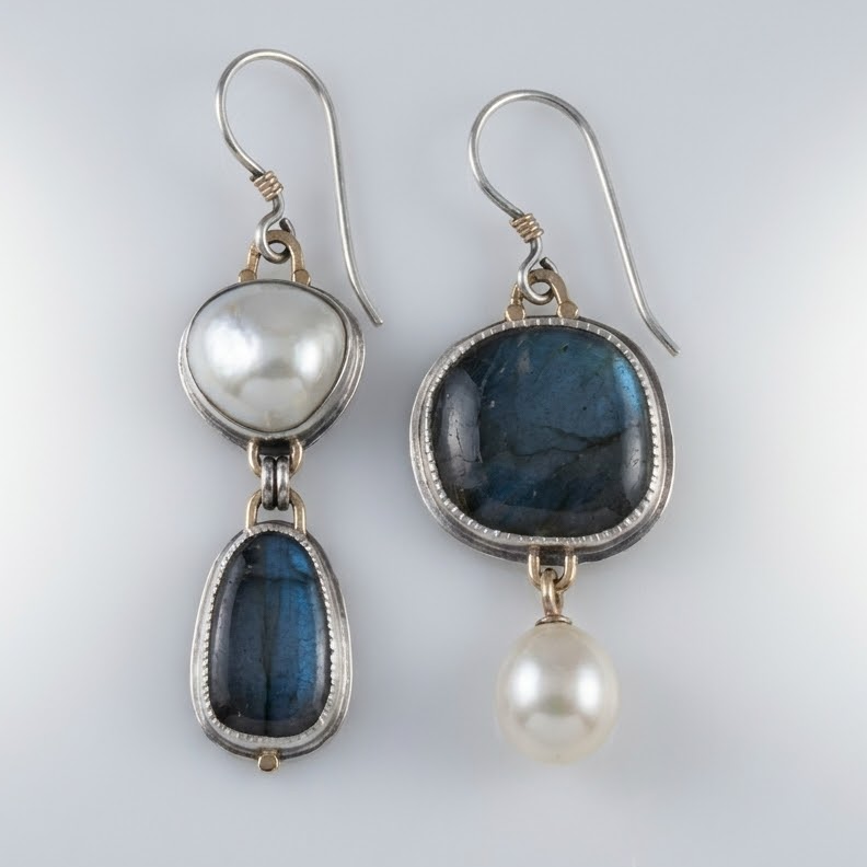 Asymmetrical Blue Stone & Pearl Drop Earrings with Granulated Bezel
