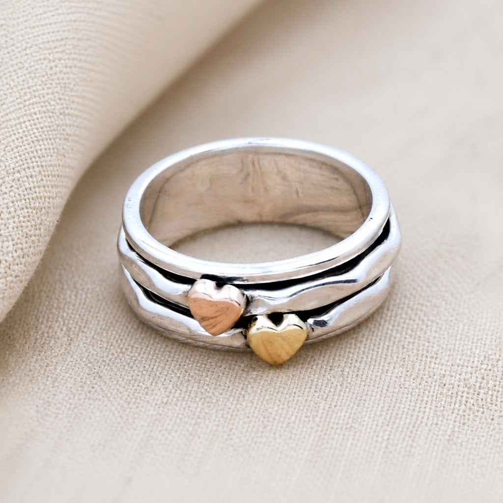Layered Heart Charm Ring with Copper and Gold-Tone Accents, Adjustable Fit — main image
